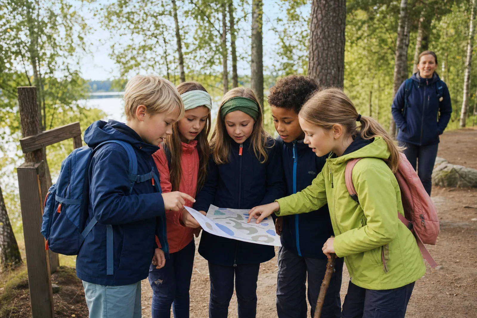Children solve a treasure-hunt map clue in a Tampere-area park with adult supervision.