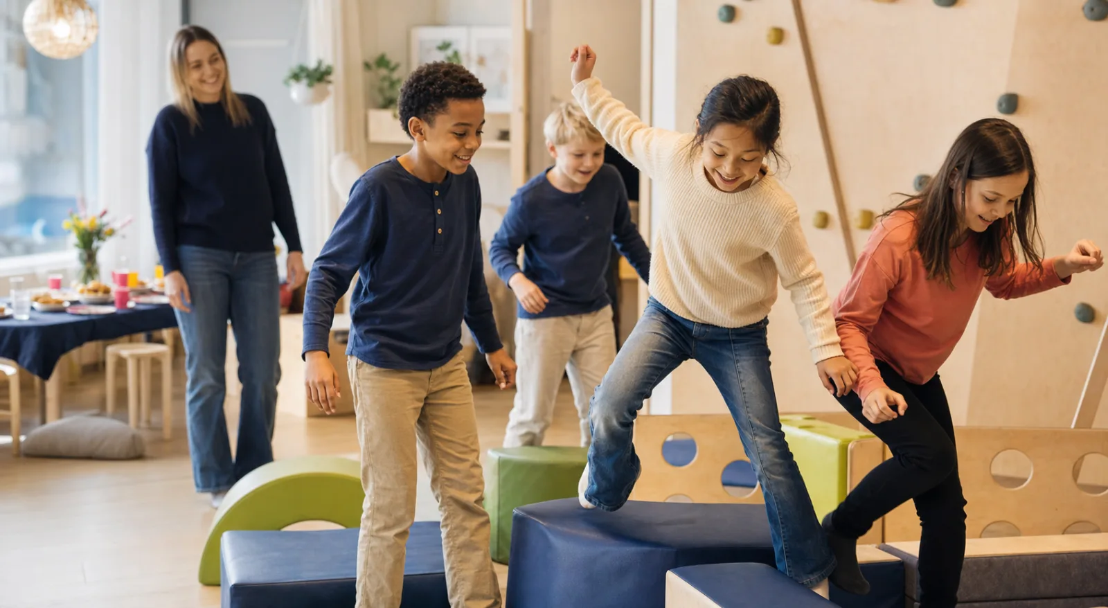 Children enjoy an active birthday party in a bright indoor play space with adult supervision.